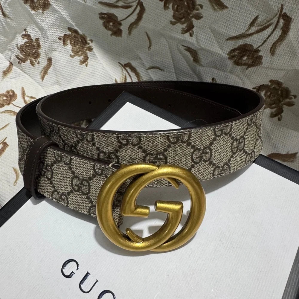 Gucci Brown GG Supreme Canvas Belt with Gold Double G Buckle